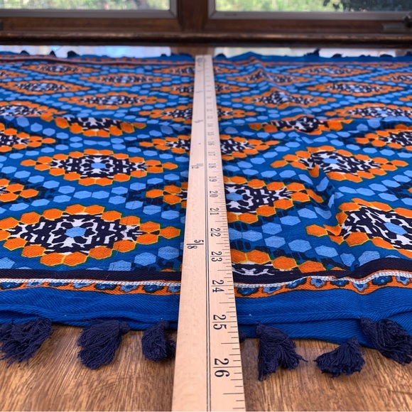 Bohemian Blue & Orange Geometric Hexagon Diamond Print Infinity Scarf Tassels - Picture 8 of 12